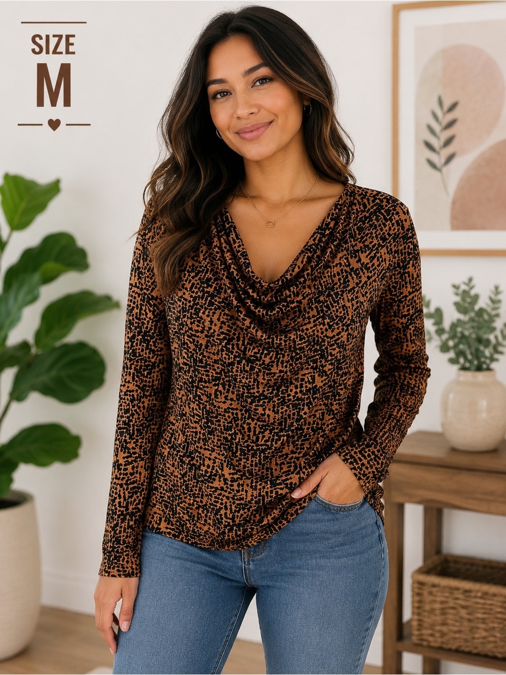 Nordstrom Cowl Neck Long Sleeve Top - Tan and Black MEDIUM